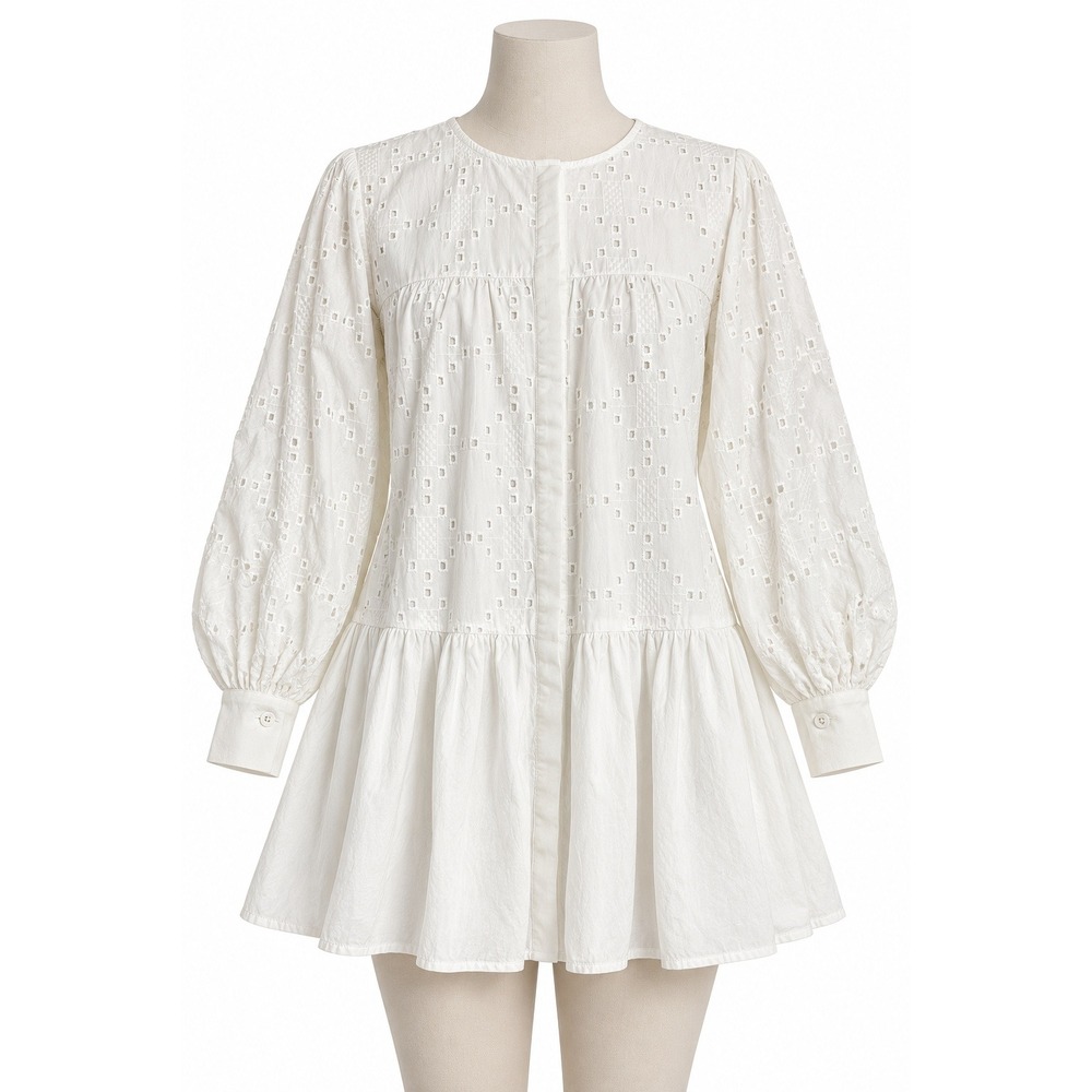Taelynn Eyelet Cottagecore Coquette Long Sleeve Oversized Small Mini Dress Layer